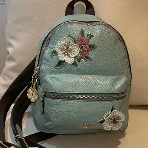 Coach Mini Charlie Aqua Leather Backpack with Floral Embroidery